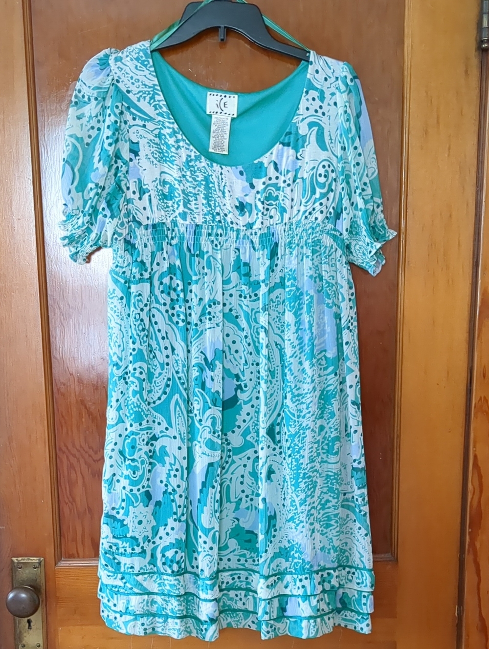 Green Printed Puffed Sleeve Dress with Logo Tag - Picture 2 of 3